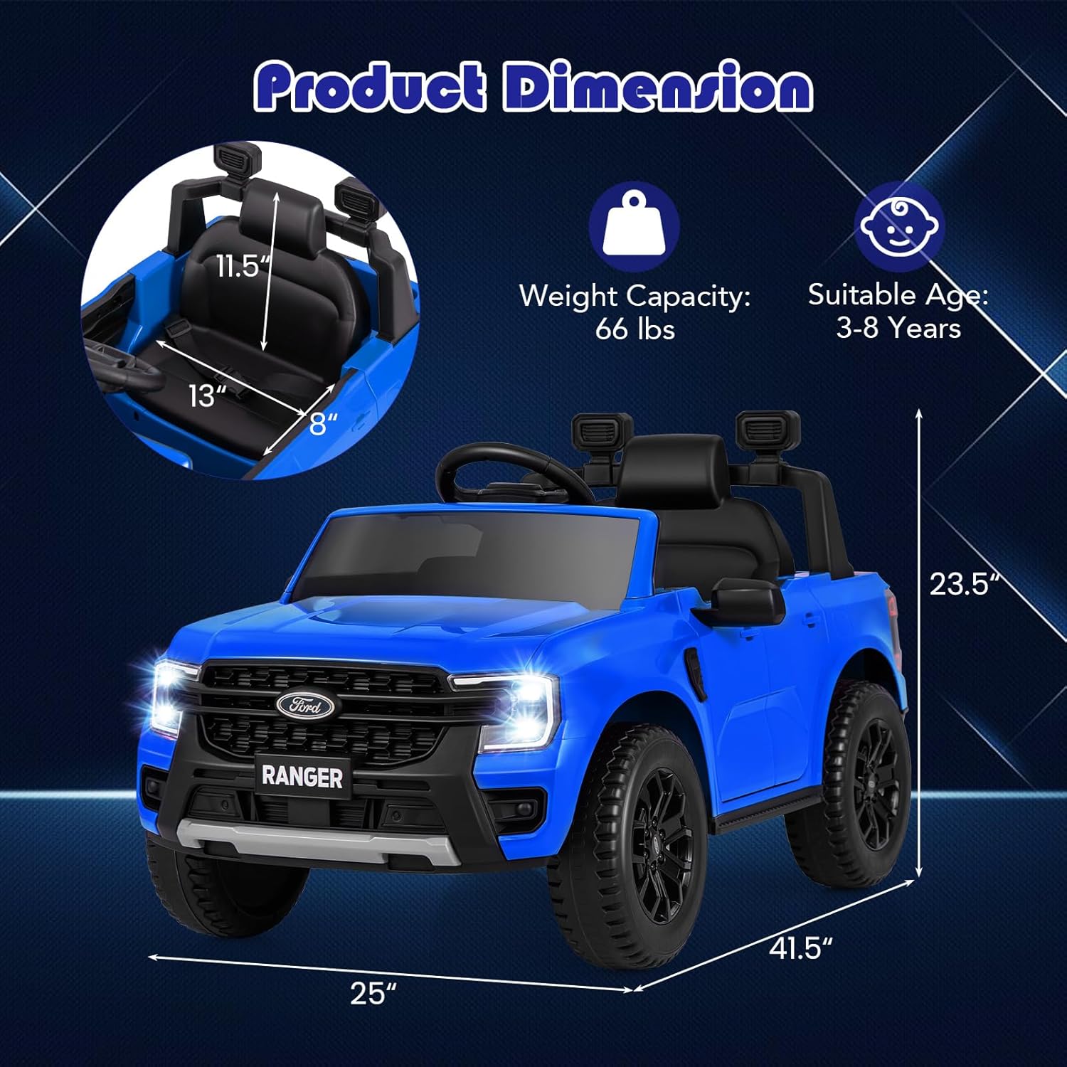 Ford Ranger | 12V Kids Electric Ride-On Truck Remote Control, LED Lights & Music Player