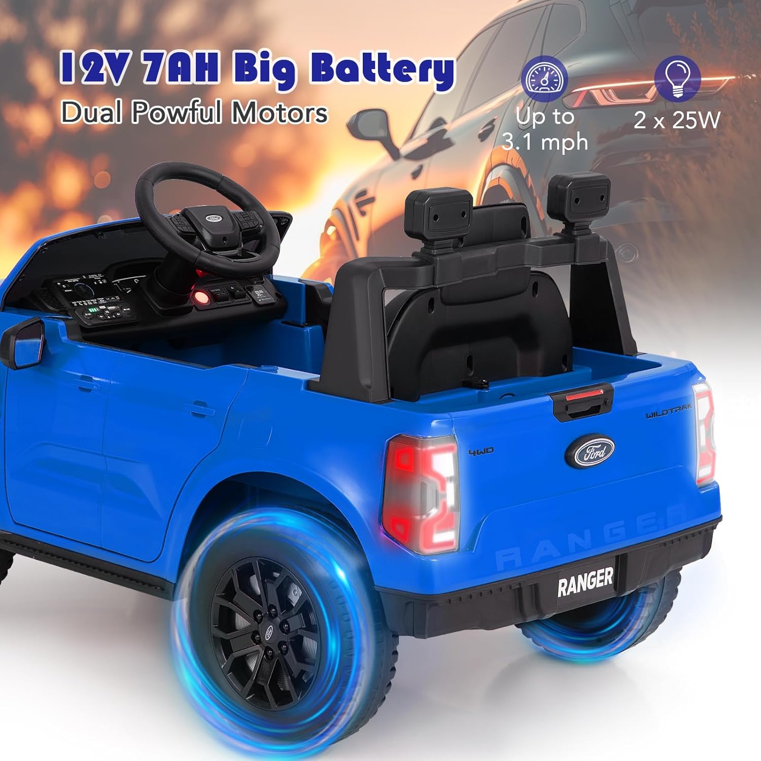 Ford Ranger | 12V Kids Electric Ride-On Truck Remote Control, LED Lights & Music Player